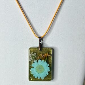 Handmade Resin Pendant Neckace Blue Orange Dried Flowers 18" Wax Cord New